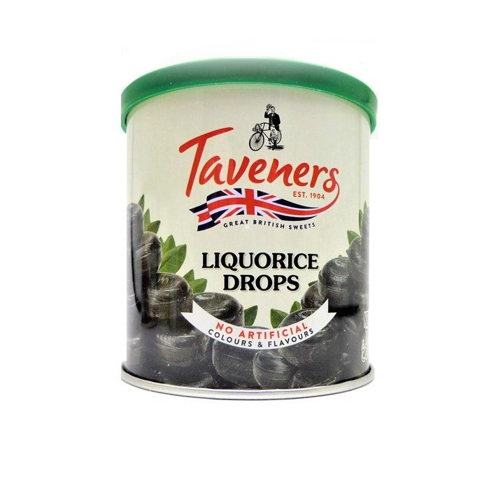 Taveners Liquorice Drops Tin 12 x 200g